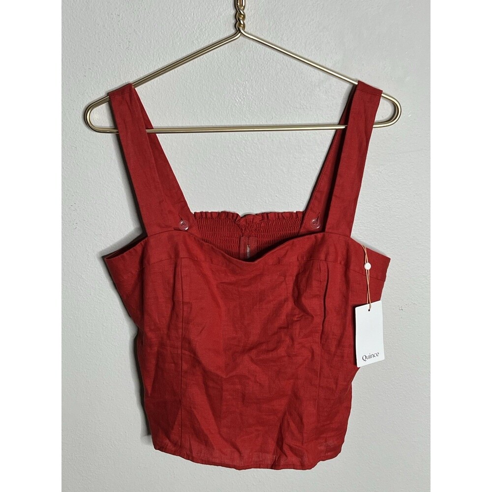 NWT Quince European Linen Fitted Tank Adjustable Straps Lined smocked Red Size L